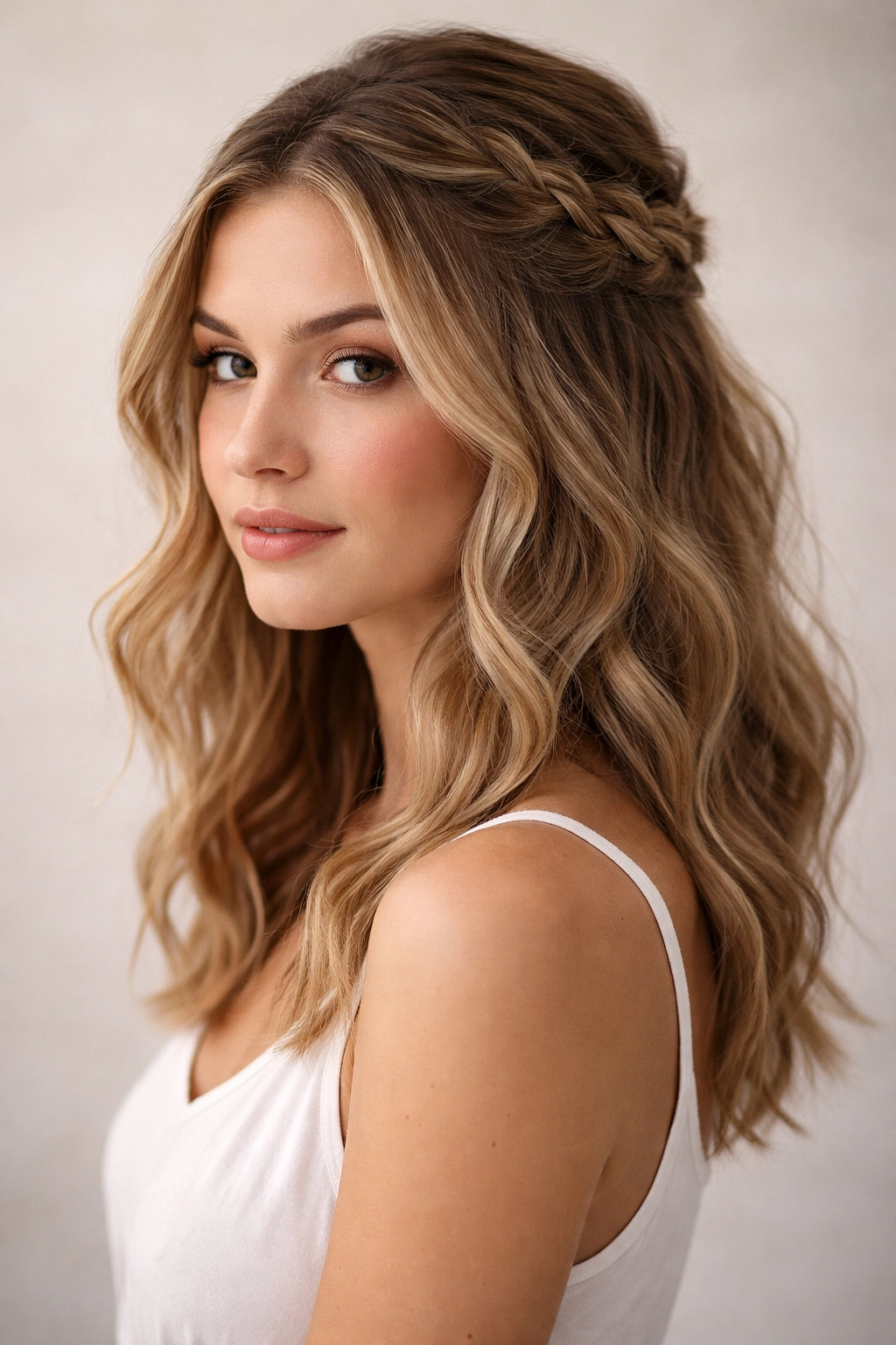 Three-quarter front view of The Textured Braid Half-Up with a textured braid and face-framing waves