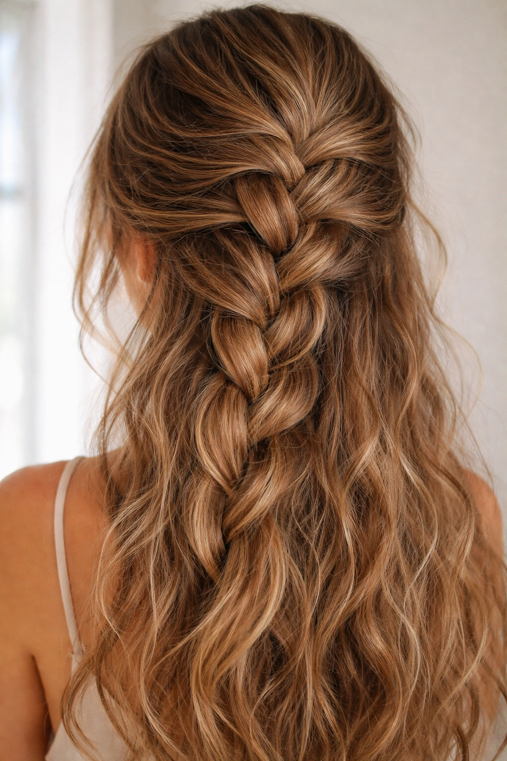 Close-up of a loose textured braid forming soft waves to disguise frizz