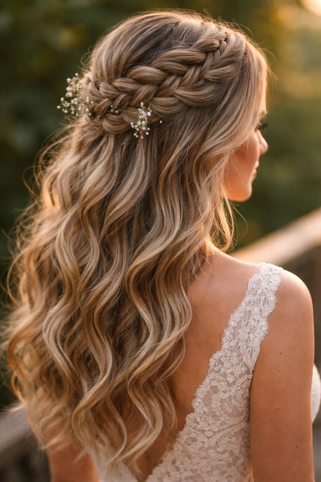 Bridal half-up hairstyle with textured waves and a French braid.