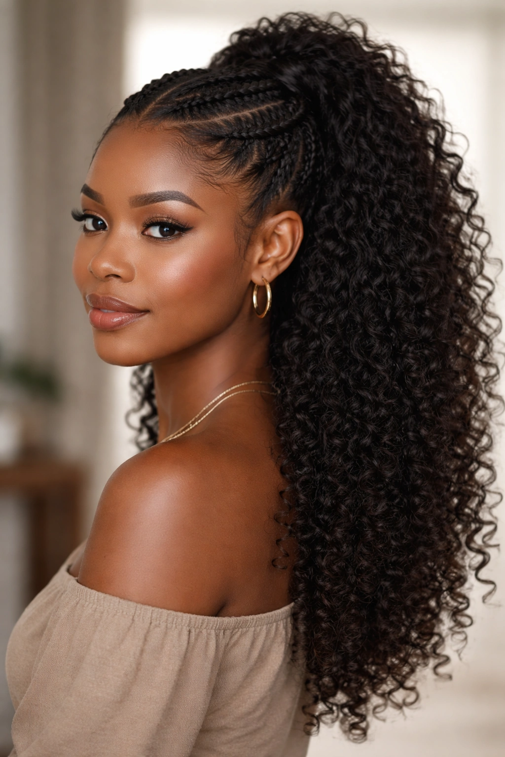 Textured braided half-up hairstyle with two braids and loose curls