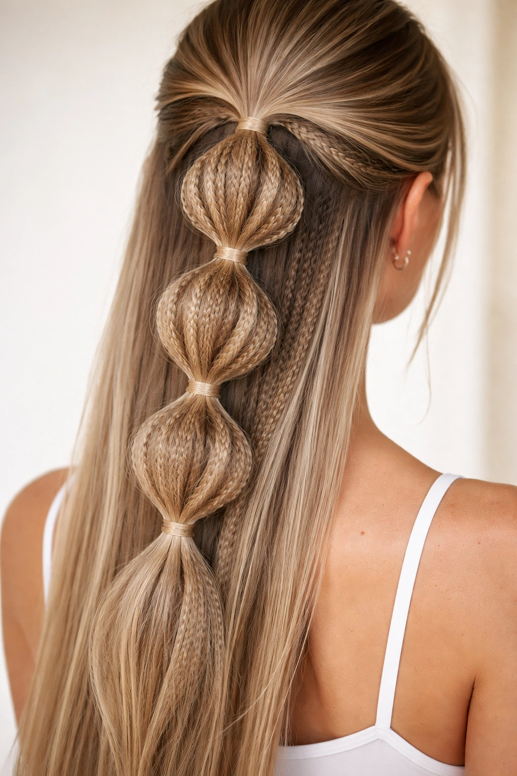 Close-up of textured bubble braid showing crimped segments on straight hair