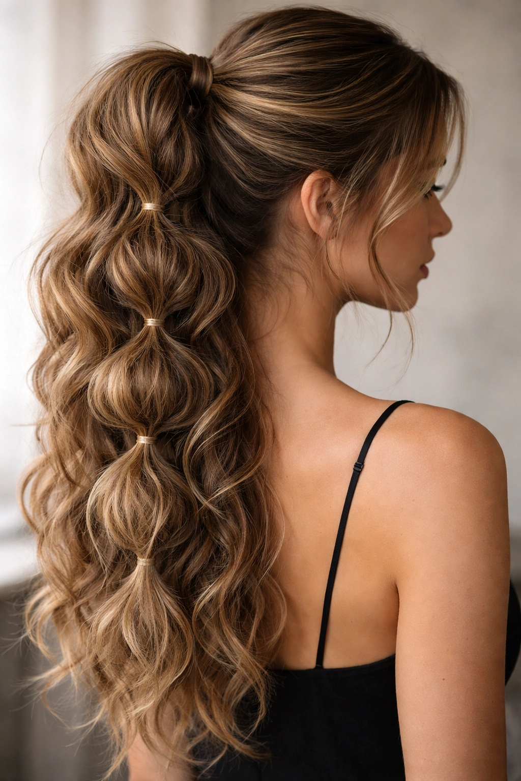 Textured bubble weave ponytail with waves and defined bubbles