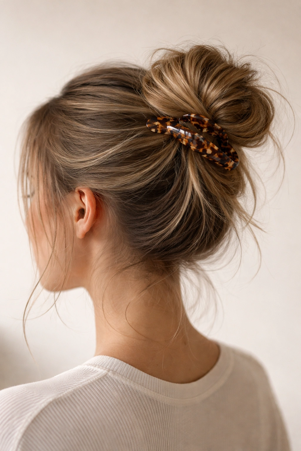 Close-up of textured bun topper secured by a large claw clip on straight hair