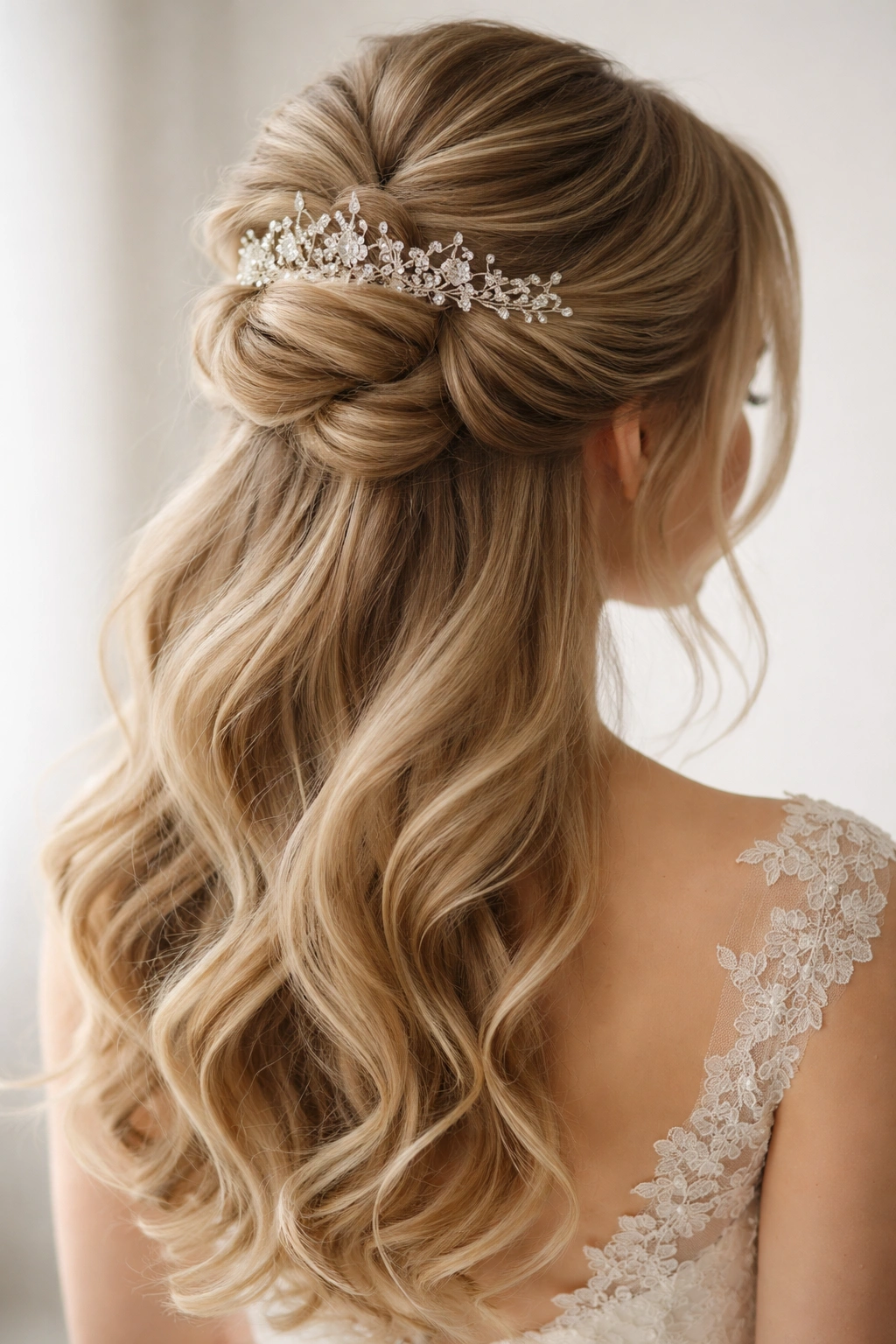 Close-up of a textured bun half-up with a delicate tiara