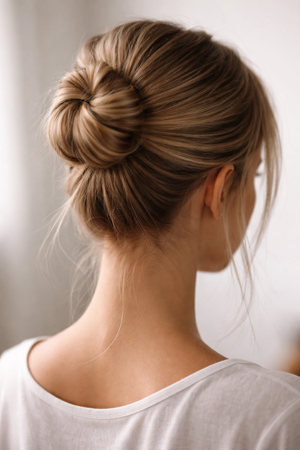Close-up of a textured bun with subtle irregular twists and loose strands.