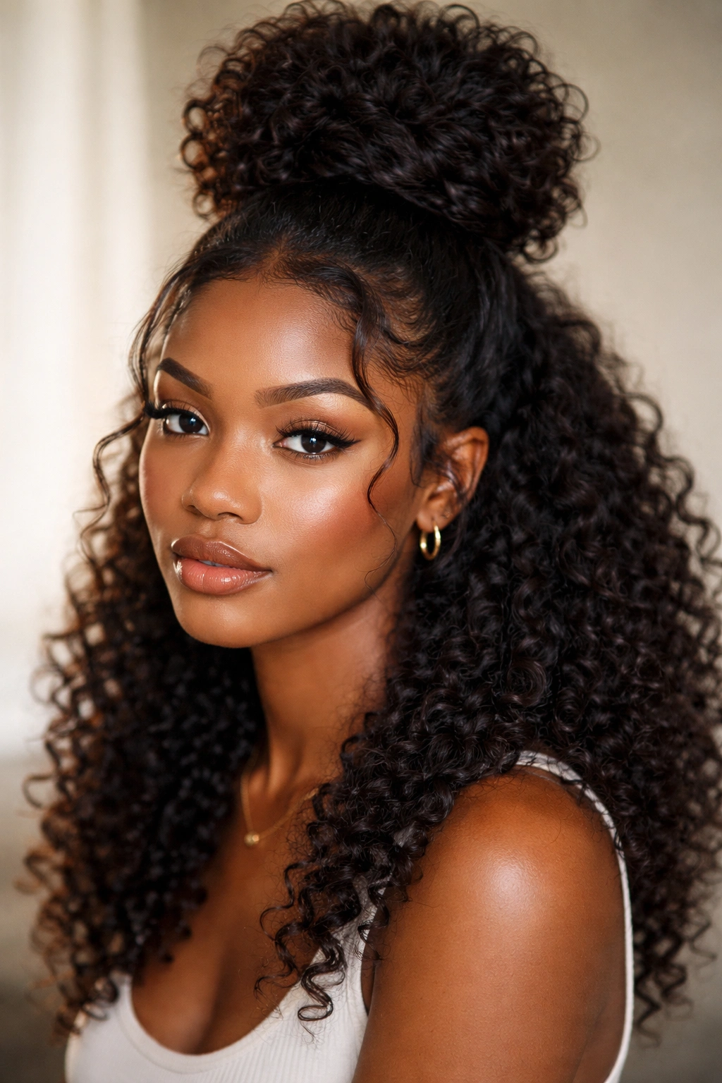 Textured bun half up with soft edges on a Black woman with defined curls.