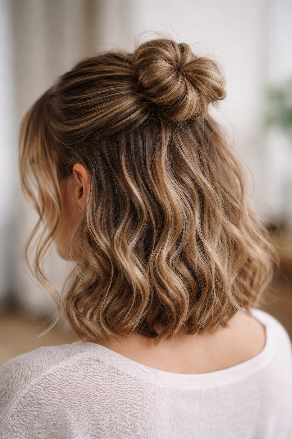 Close-up of textured bun half-up with loose waves around the face