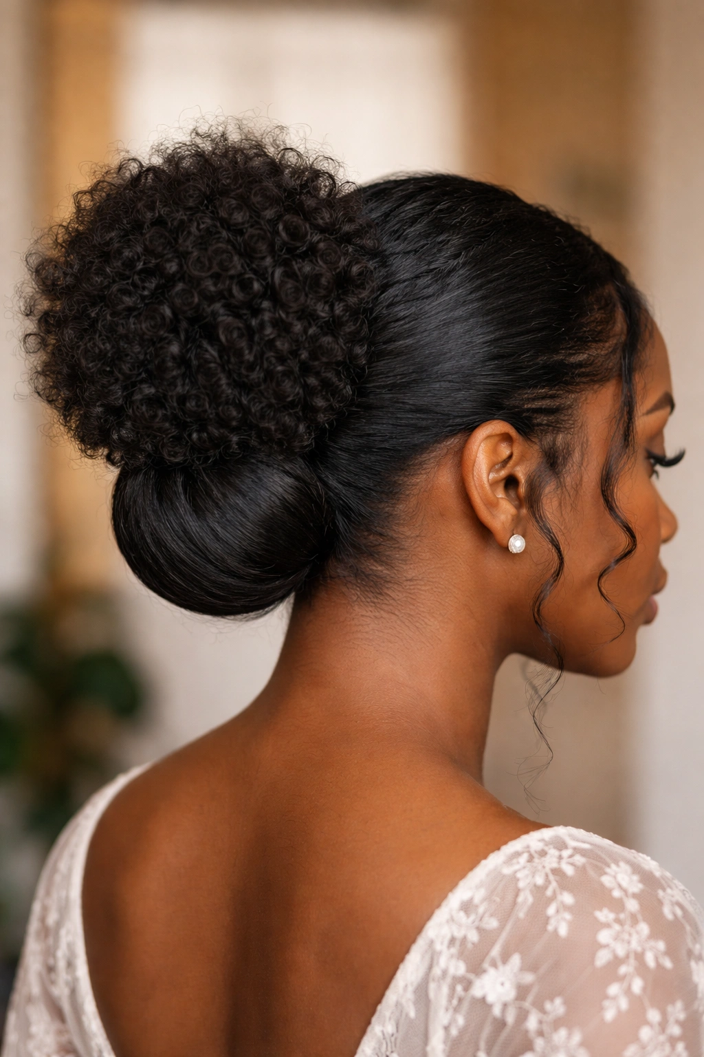 Textured low bun with crown puff showing natural texture