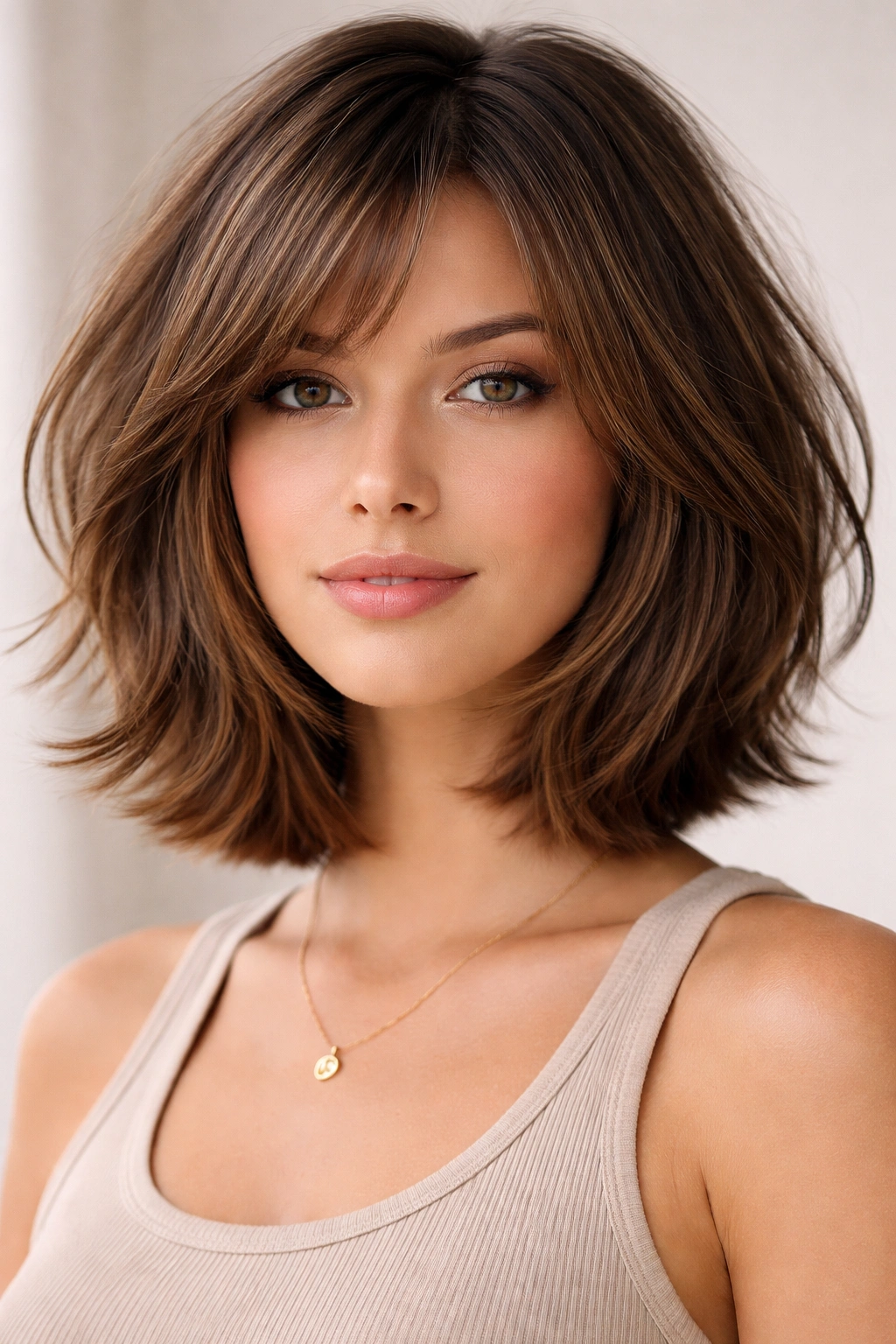 Close-up of textured butterfly bob with movement on straight hair, highlighting choppy layers