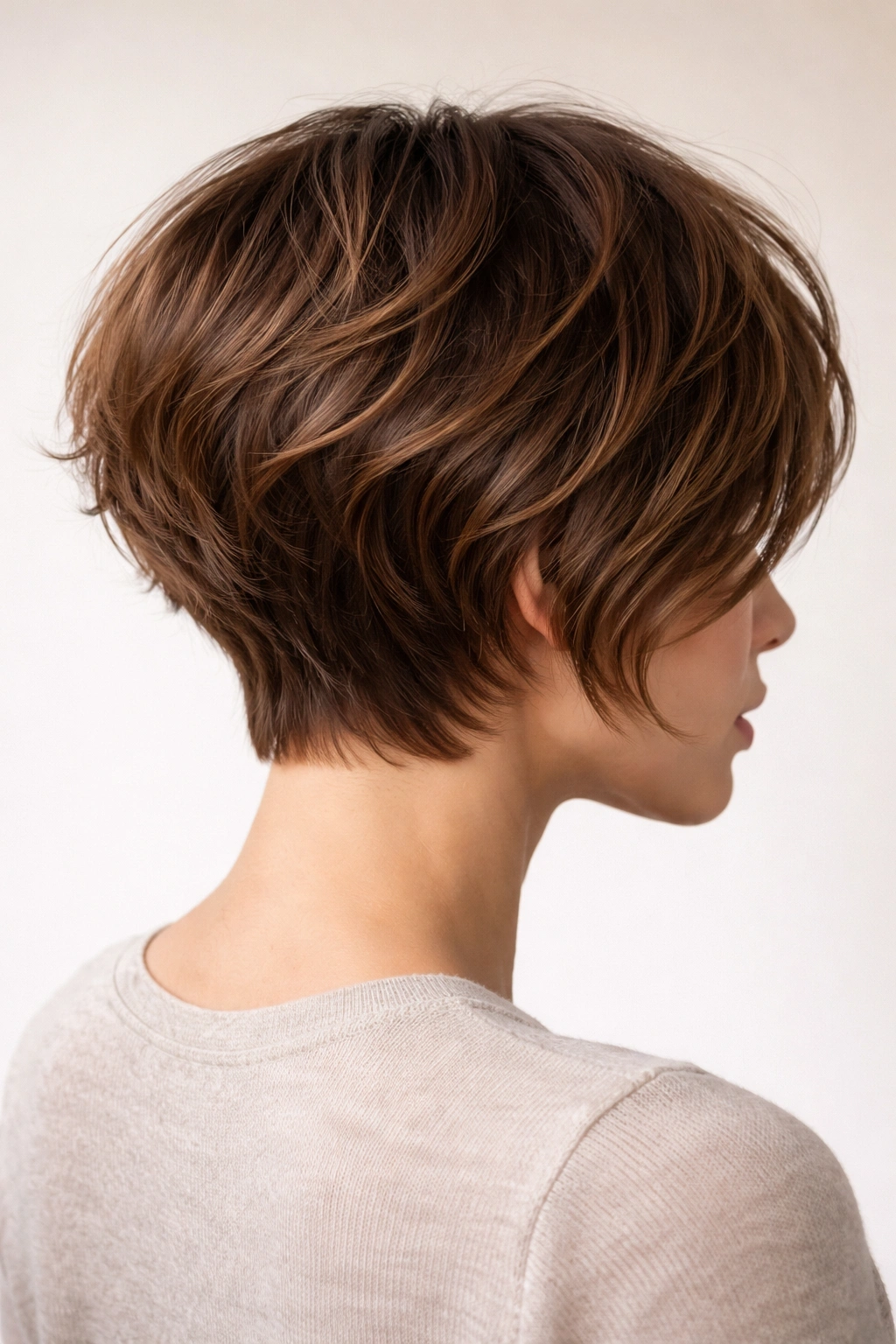 Textured caramel brown bob showing transition from pixie to longer length.