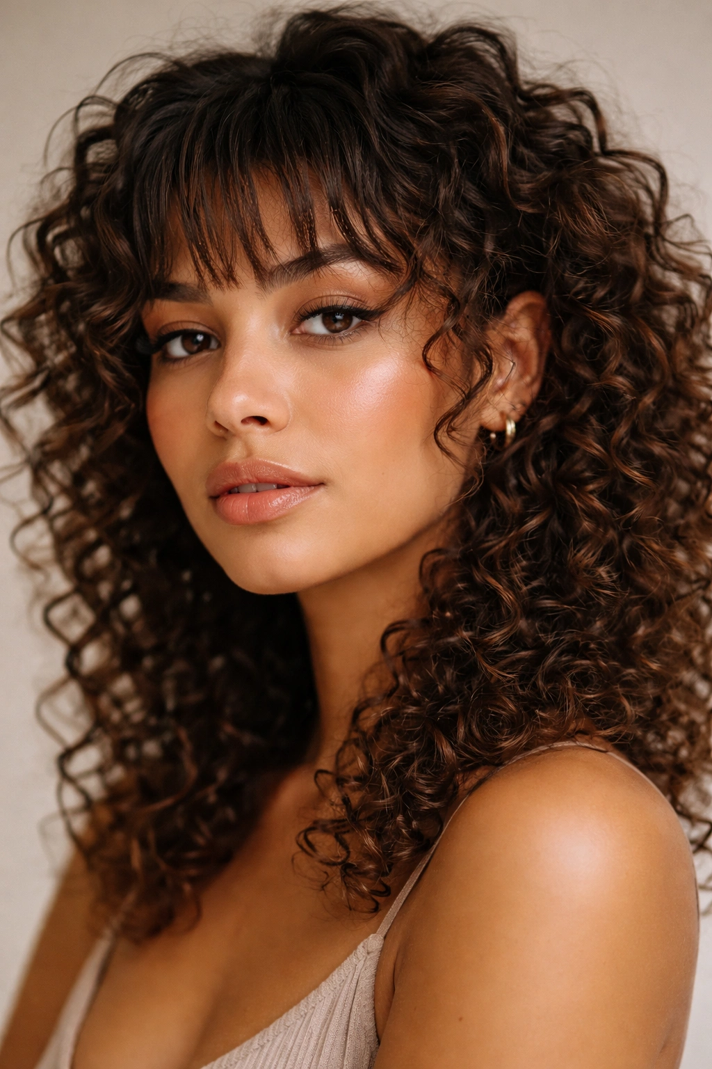 Close-up of textured choppy bangs with curls showing uneven fringe