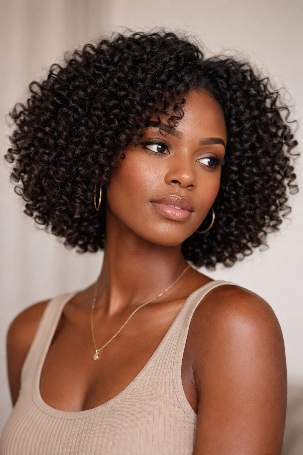 Close-up of chin-length textured coily bob with natural curls