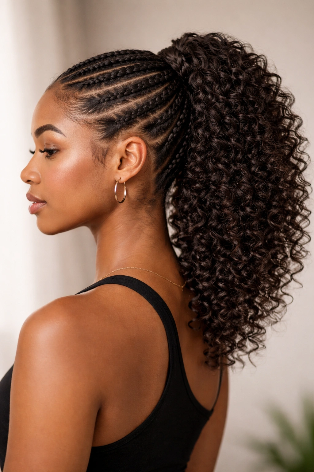 Two-layer textured cornrow ponytail with curly underside visible