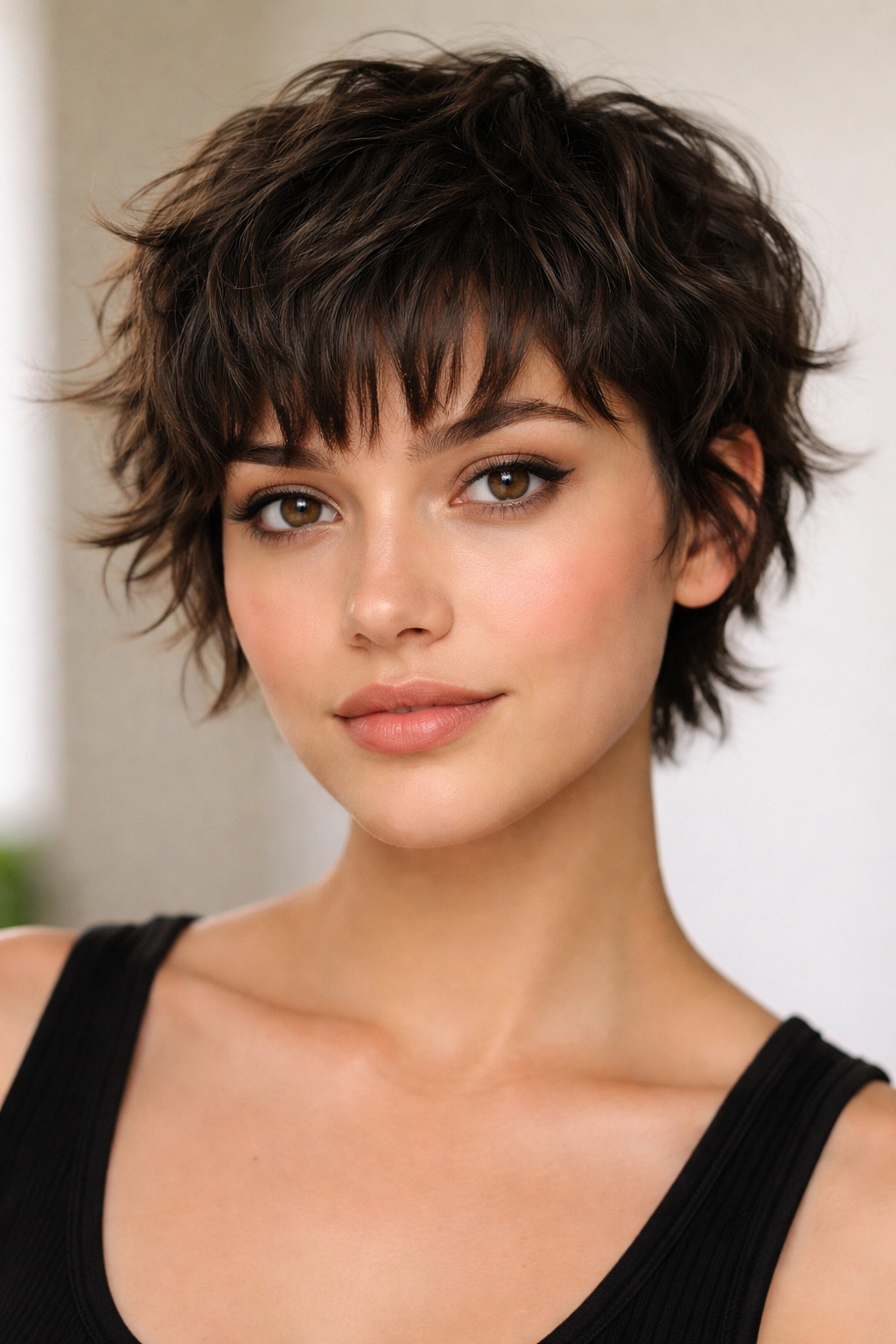 Very short wavy textured crop with choppy bangs highlighting movement and texture