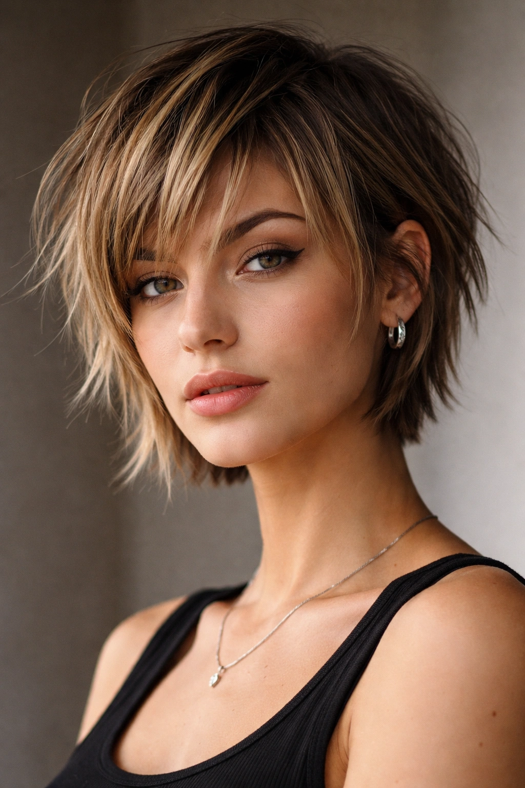 Short ear-length cut with pronounced piece-y texture on straight hair