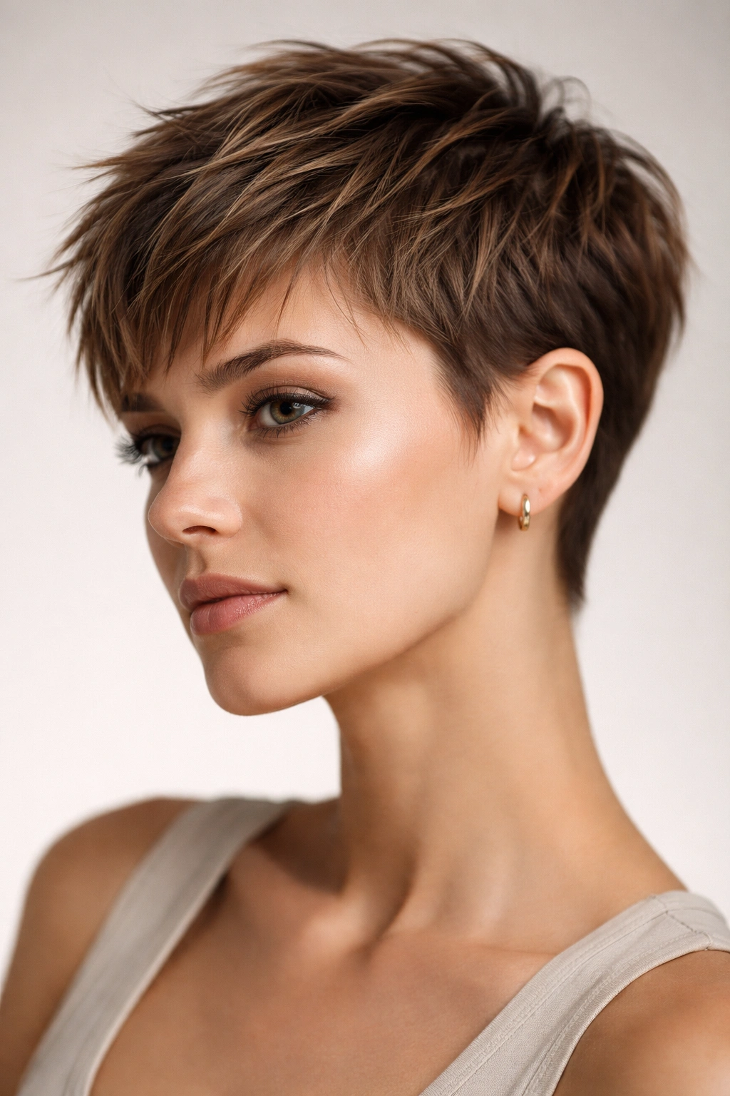 Textured crop with short top and choppy layers on straight hair