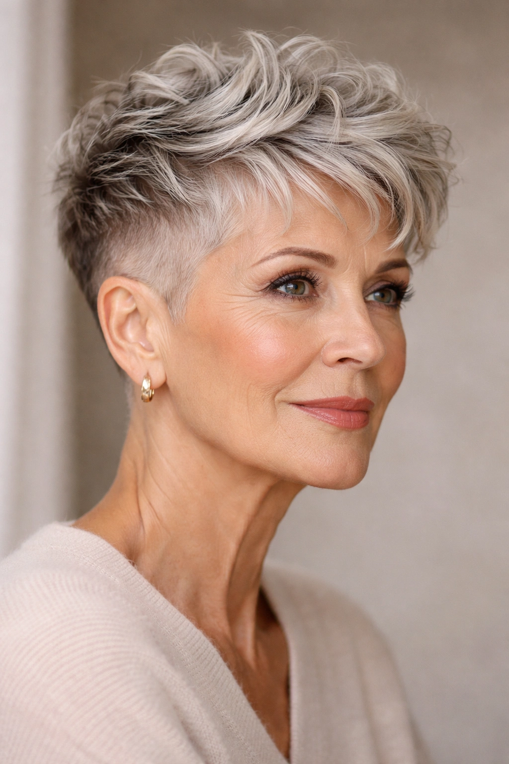 Textured crop with undercut dimension hairstyle on a mature woman