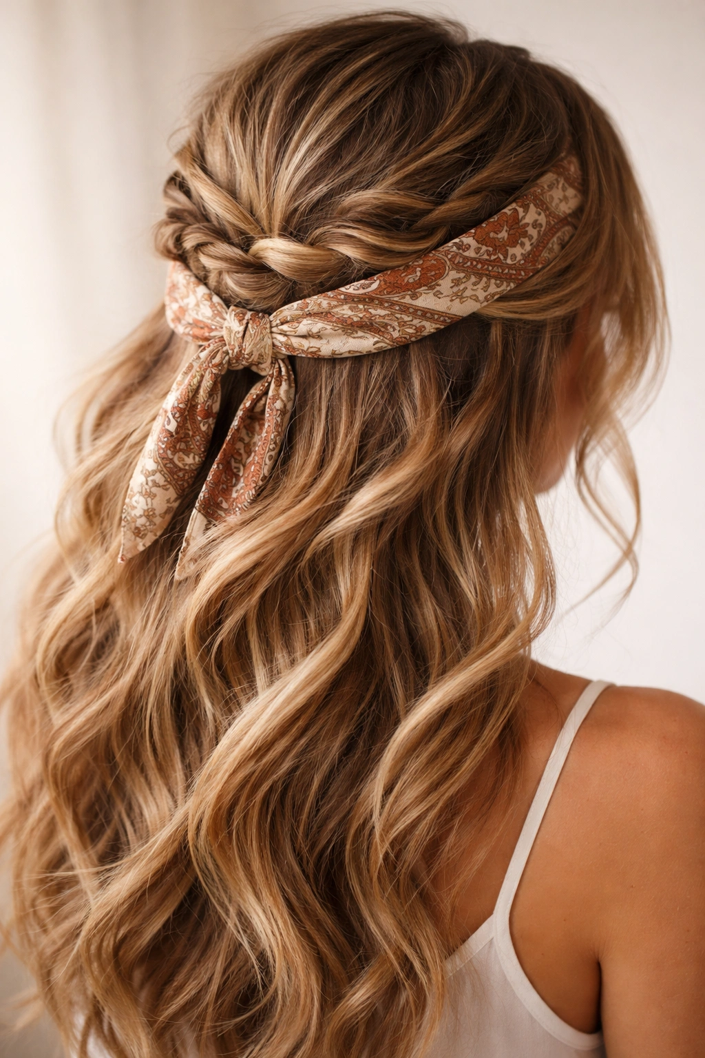 Textured crown hairstyle with bandana wrap around the crown