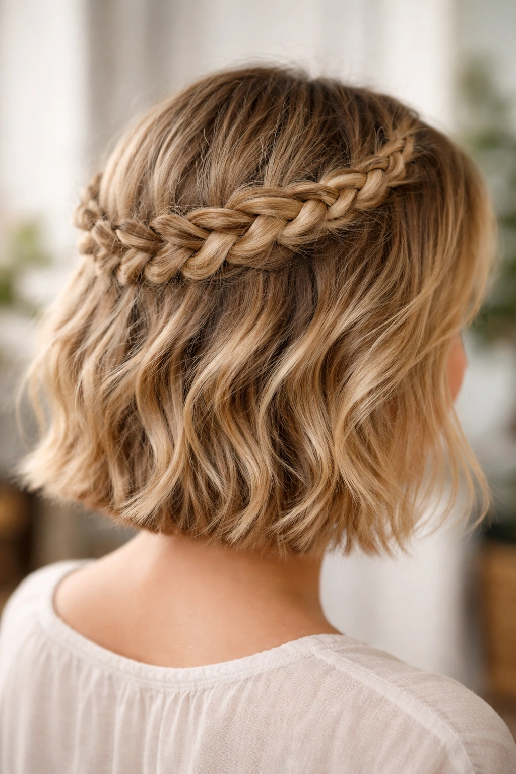 Crown braid on textured crimped waves on short hair
