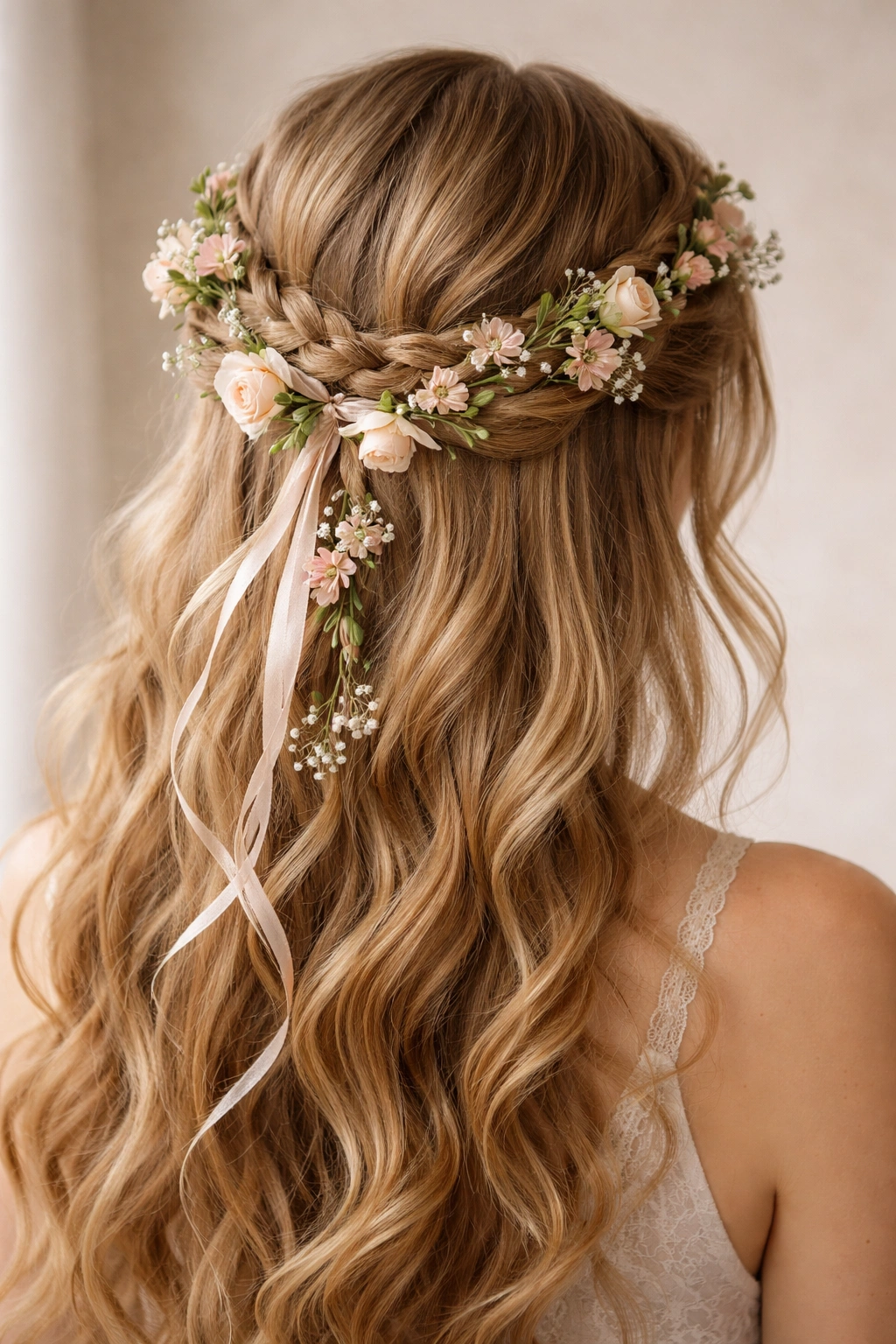 Crown braid with ribbon woven through and delicate flowers for texture