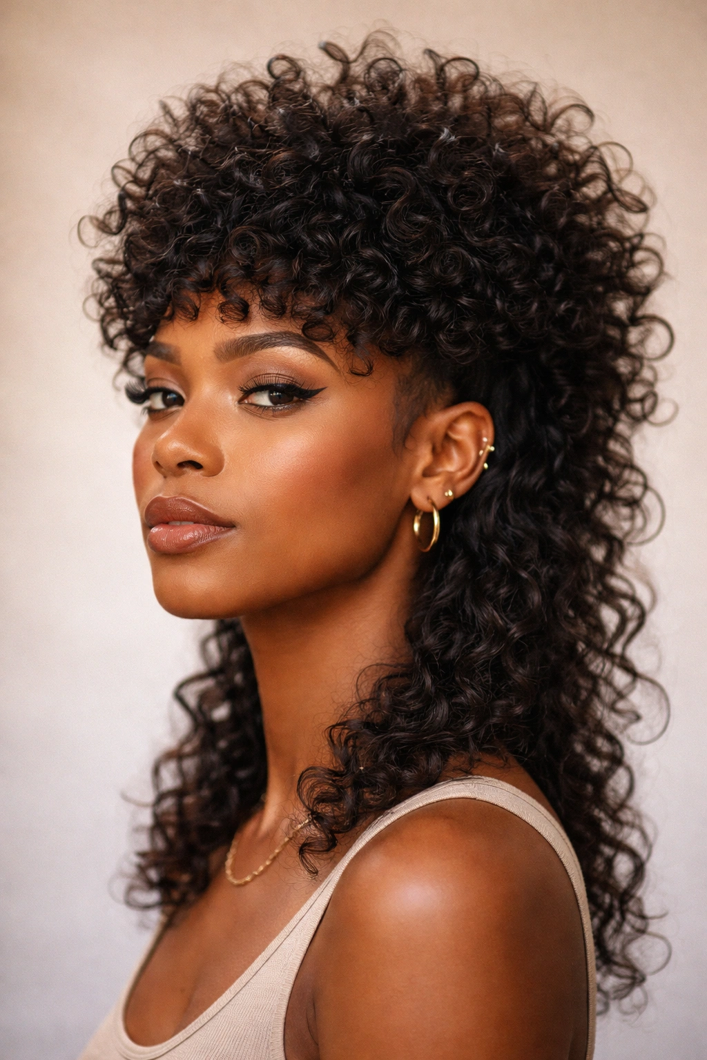 Front three-quarter view of a textured crown mullet with voluminous top