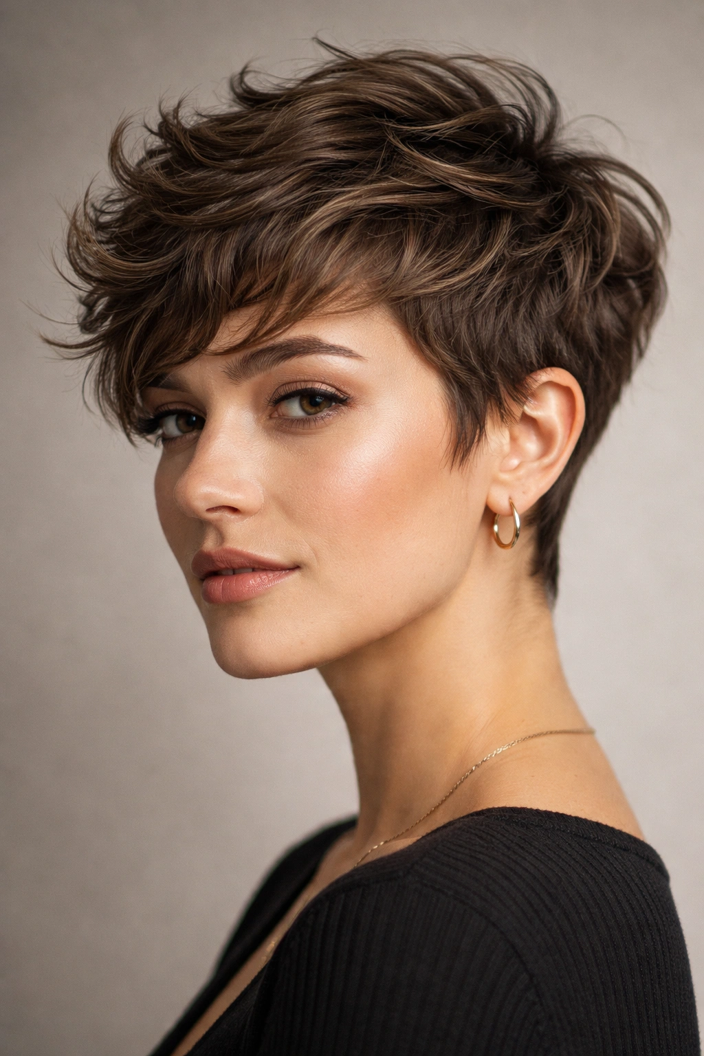 Close-up of textured crown pixie with layered waves and tapered sides.