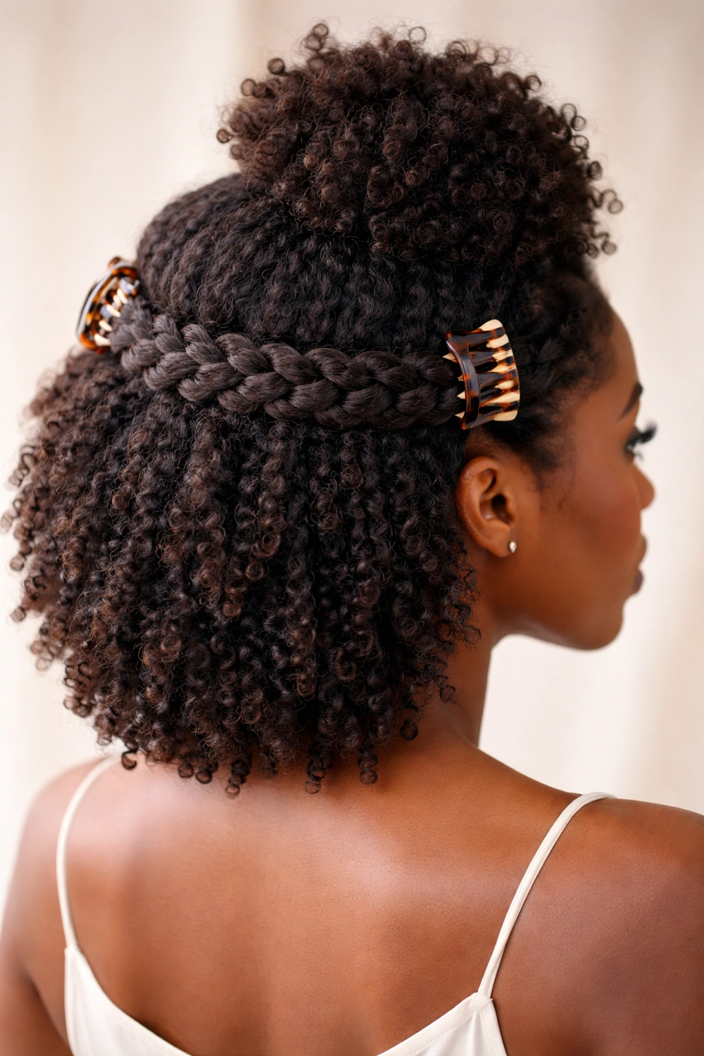 Crown ring of 4C hair around the head secured by two clips