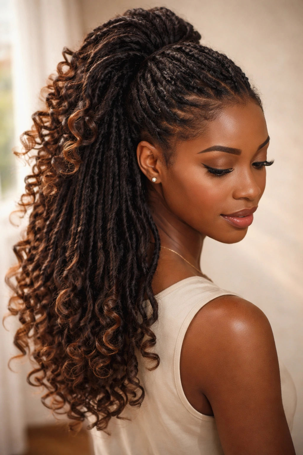 Upper gathered locs displaying textured curls with loose ends