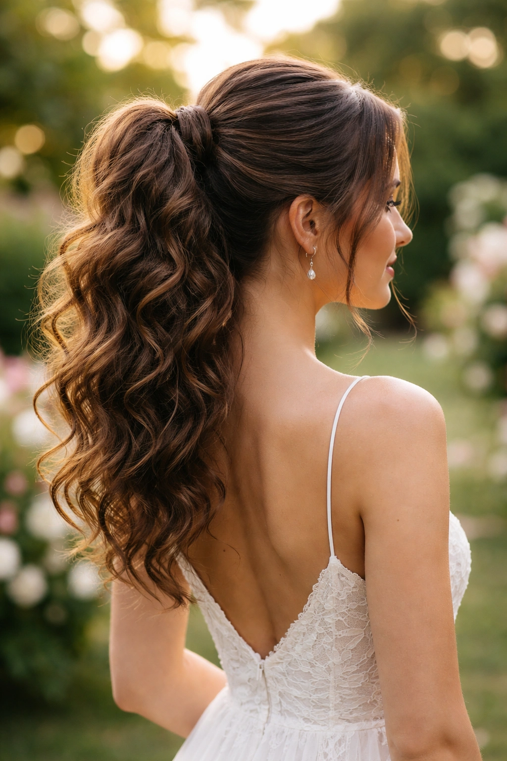 Textured curl updo ponytail with loose curls and wrap