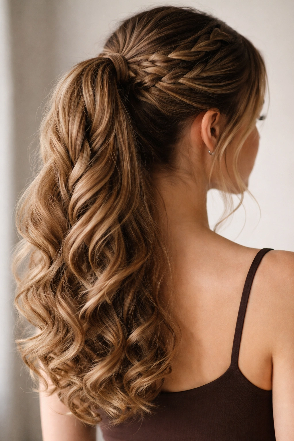 Ponytail with curled textured ends from double weave, full and voluminous
