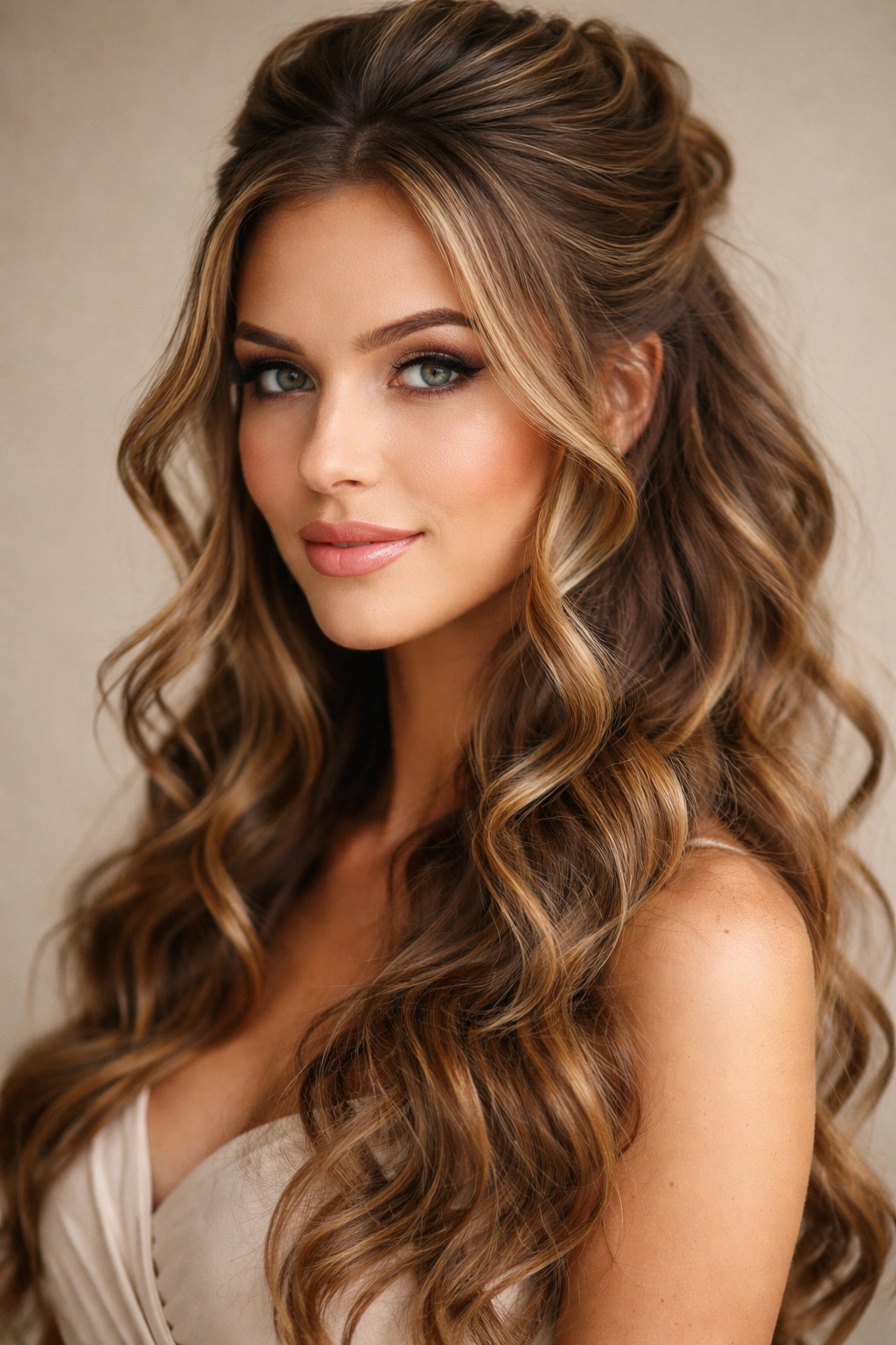 Close-up of textured half-up hairstyle with strategic curls around the face on wavy hair