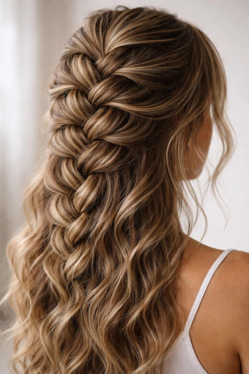 Close-up of a Textured Dutch Braid on wavy hair showing dimensional depth