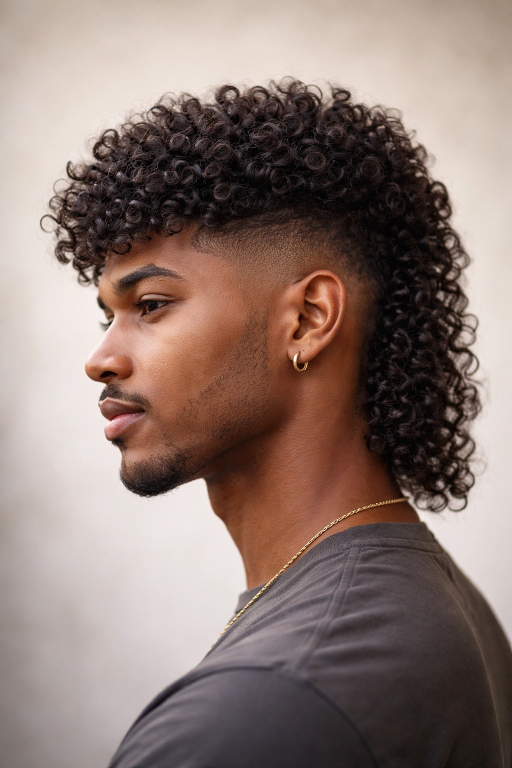 Close-up portrait of a person with a textured fade mullet and coily hair in studio lighting
