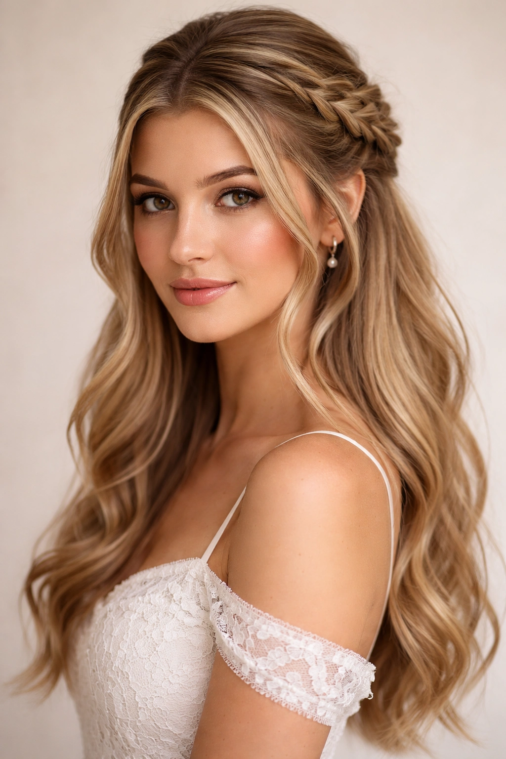 Textured fishtail half-up with loose face-framing strands