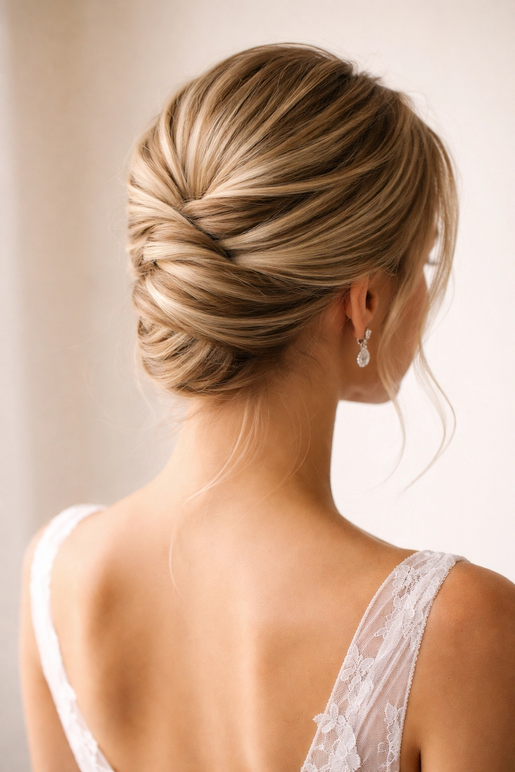 Bride with textured French twist showing dimensional twists