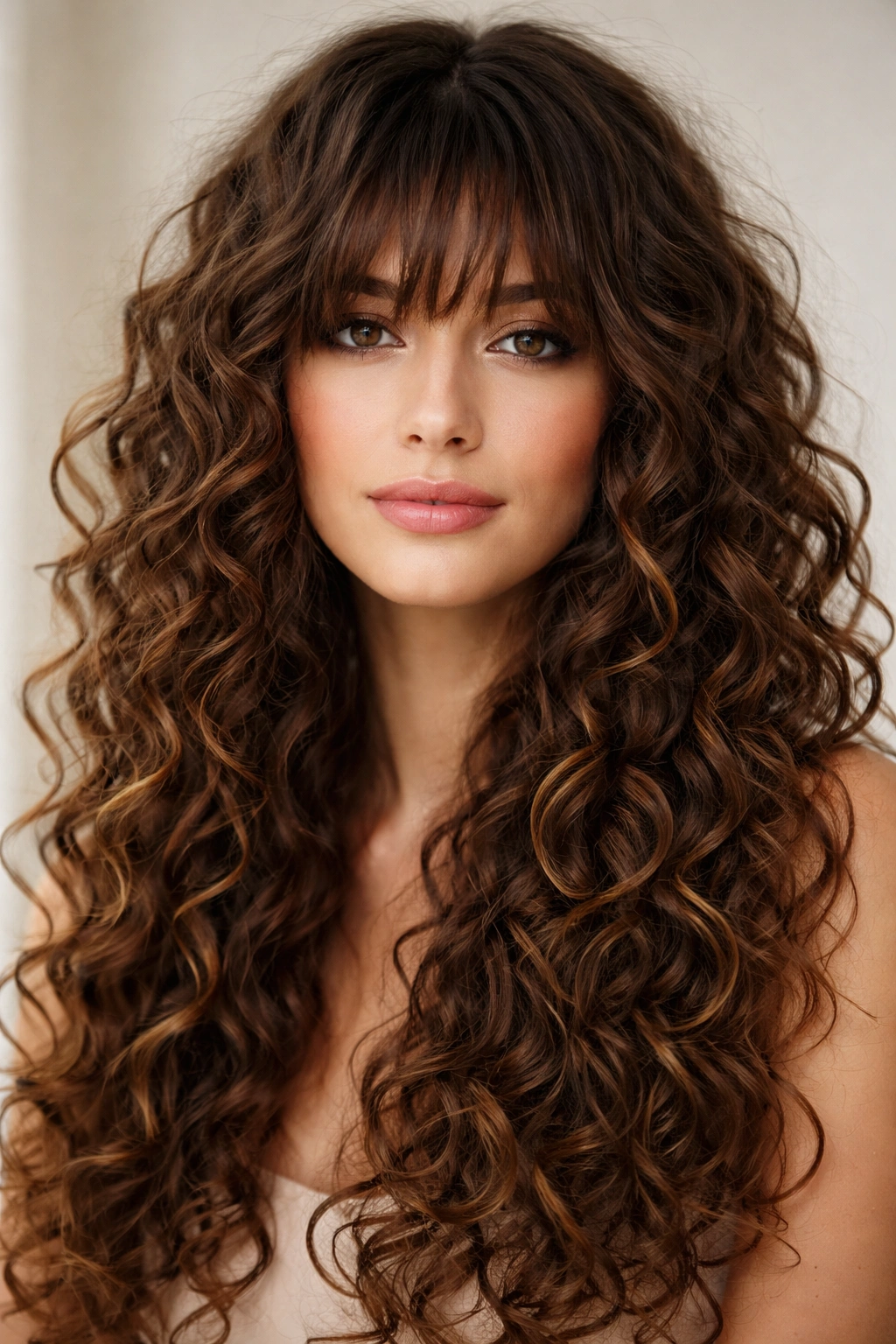 Close-up of textured fringe bangs with spiral curls showing movement