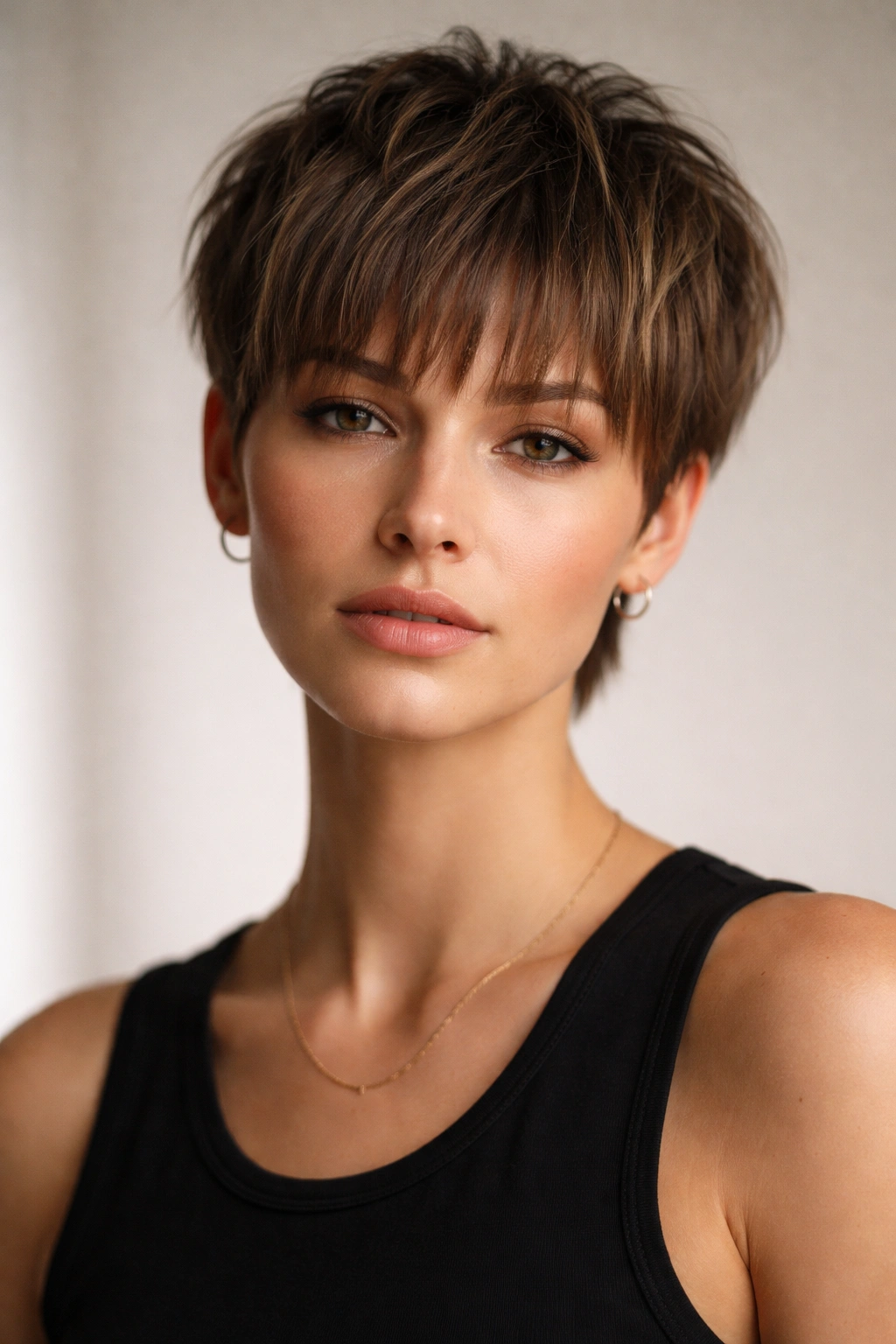 Portrait of a person with a textured fringe and layered top