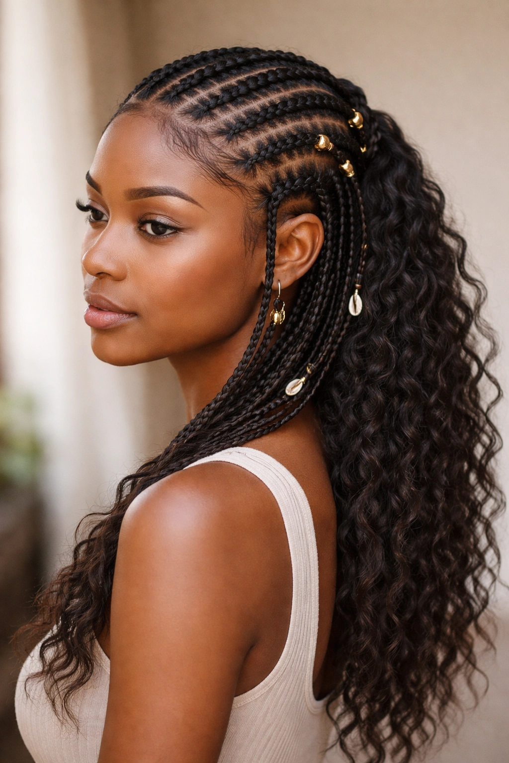 Three-quarter view of textured Fulani with cornrows and loose ends