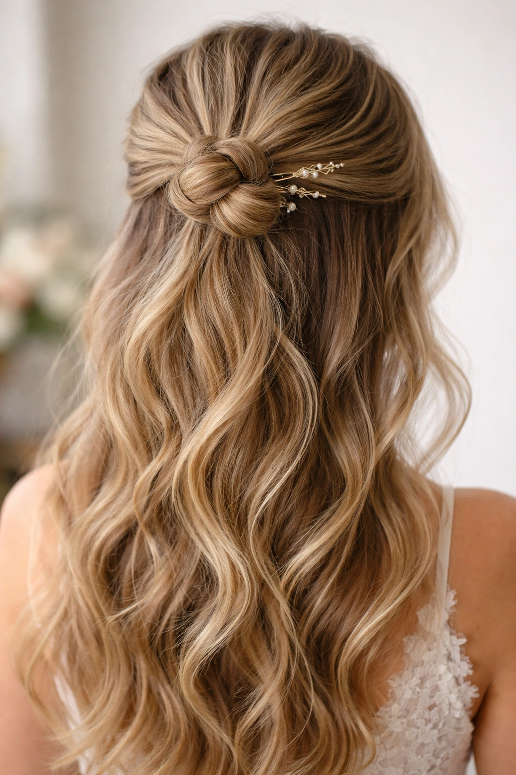 Close-up of a textured half knot with small pins and accessories at the crown