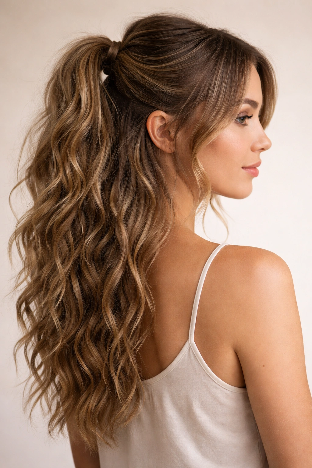 Textured half ponytail on wavy hair showing natural waves