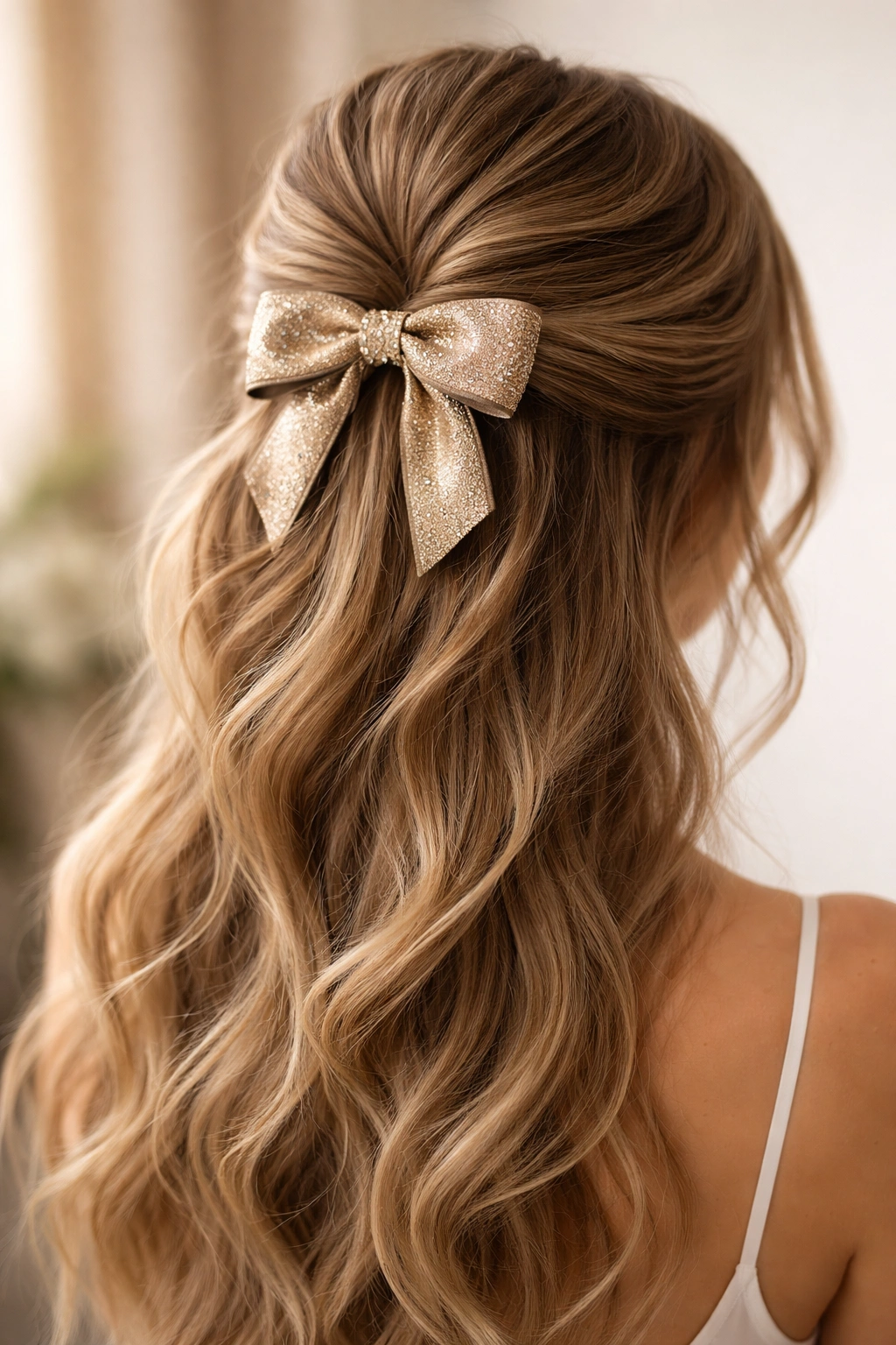 Textured half-up hairstyle with metallic bow at crown