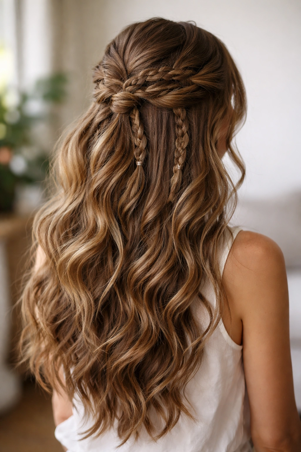 Close-up of thick hair with textured half-up and braided accents showing depth