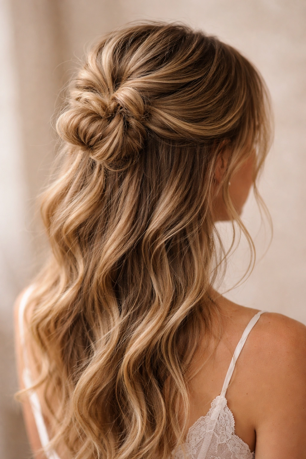 Close-up of Textured Half-Up Messy Bun showing intentional texture and volume