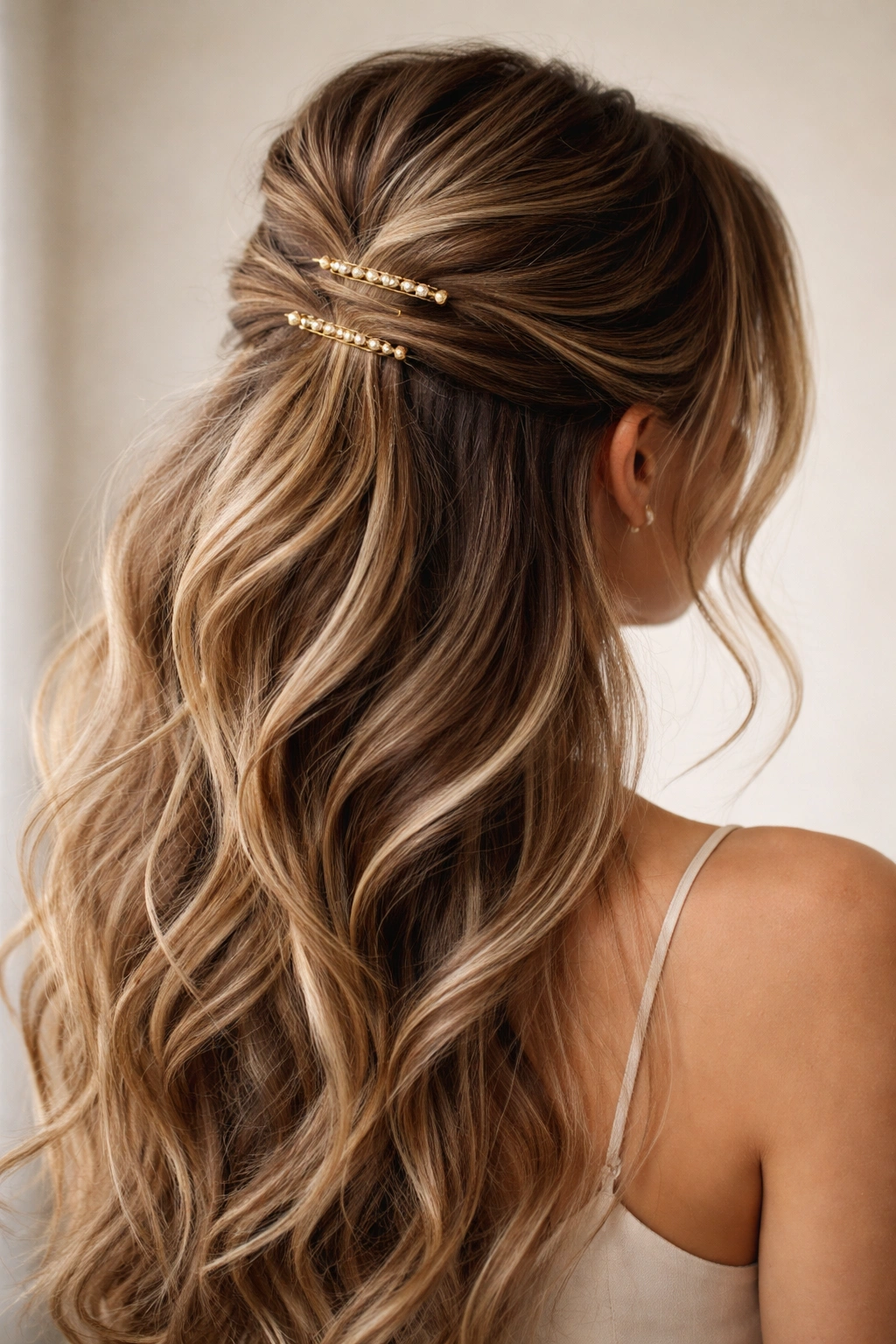 Close-up of textured half up with contrasting pins on the crown