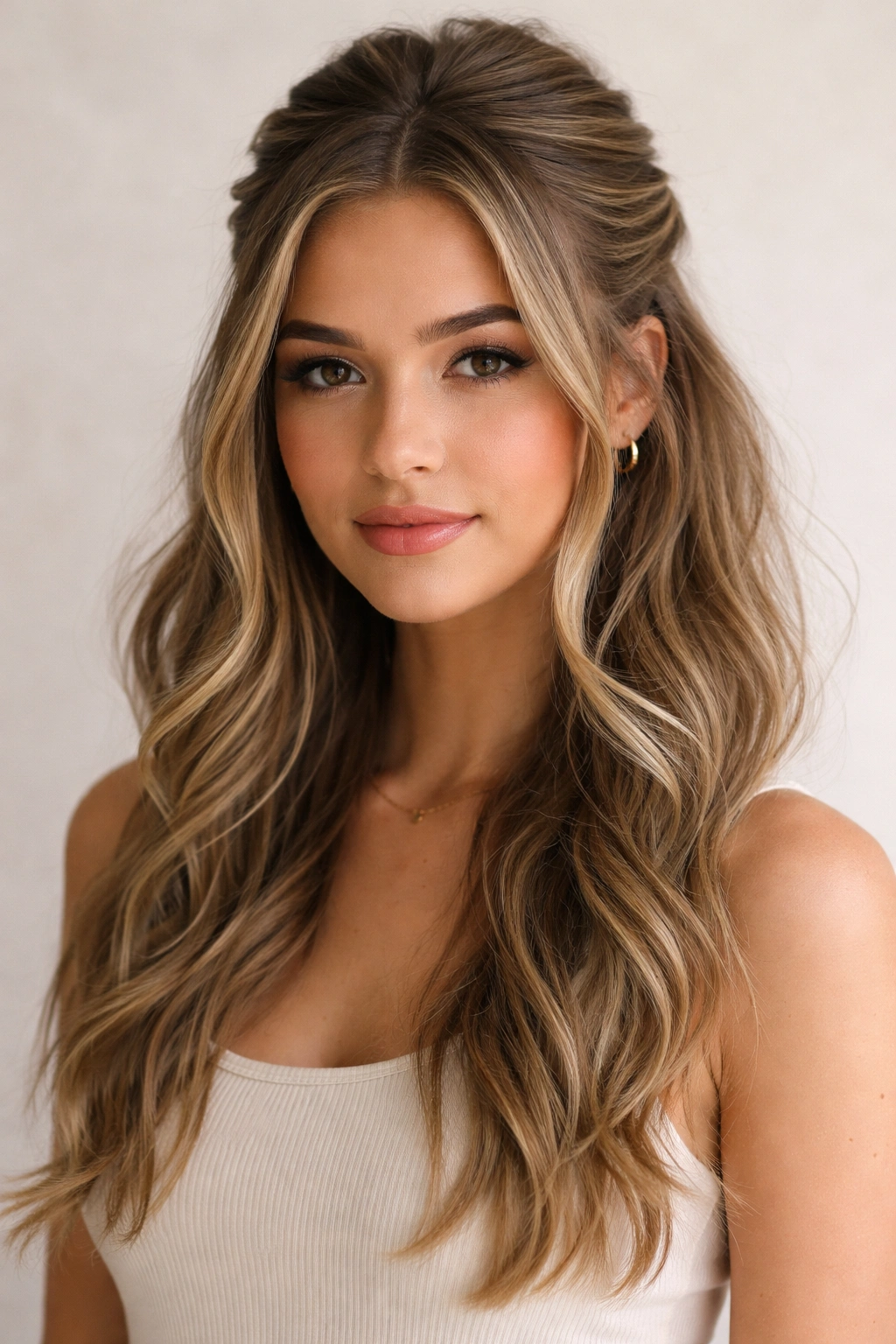 Half up hairstyle with face-framing pieces and loose front strands