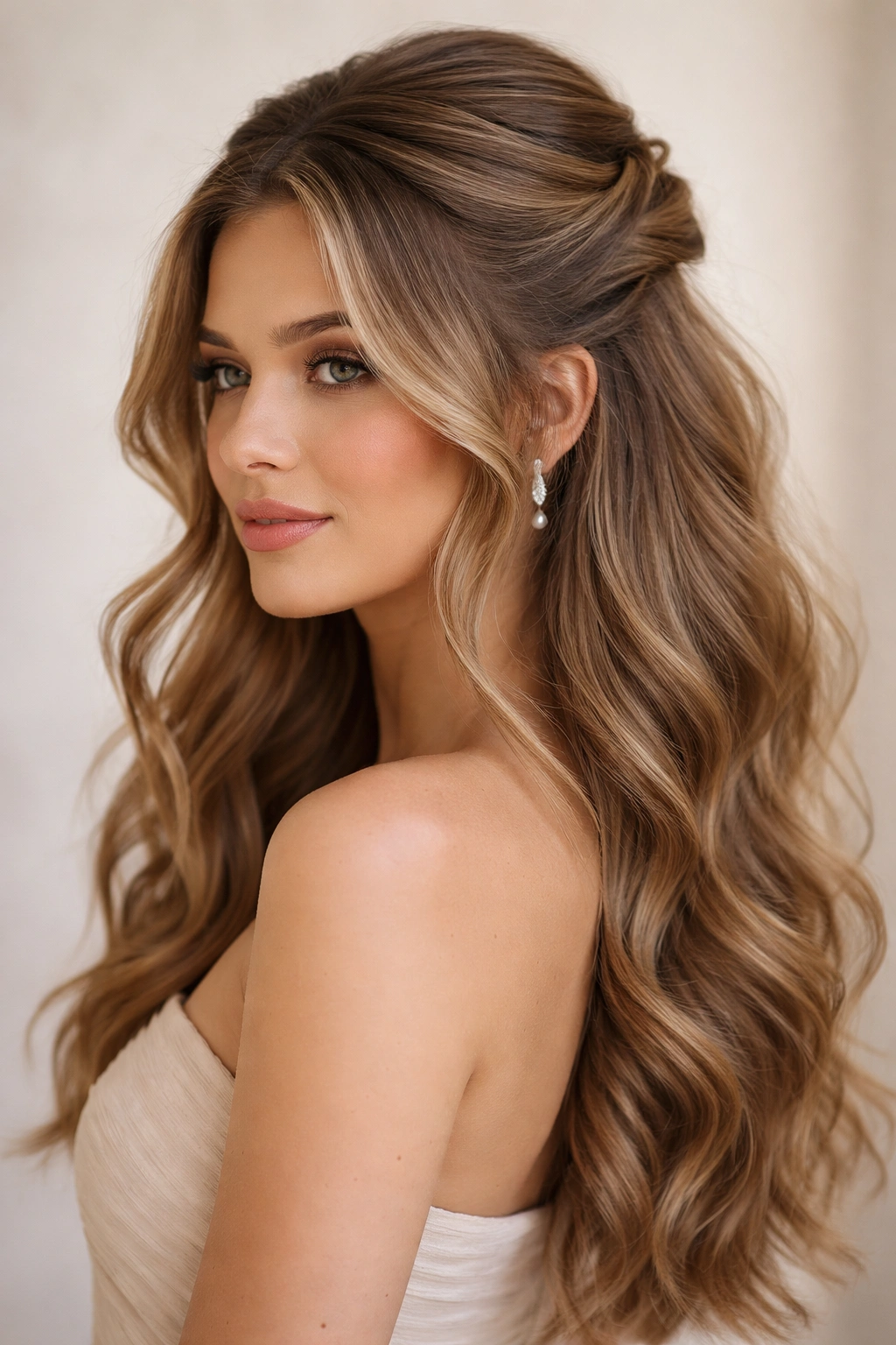 Close-up of textured half-up hairstyle with face-framing layers on thick hair
