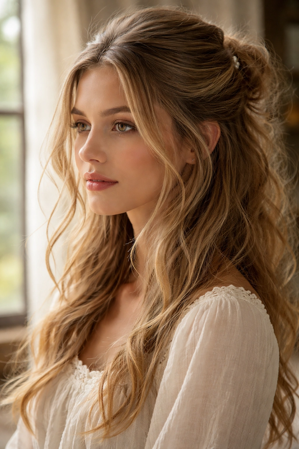 Close-up of textured half-up hairstyle with intentional flyaways