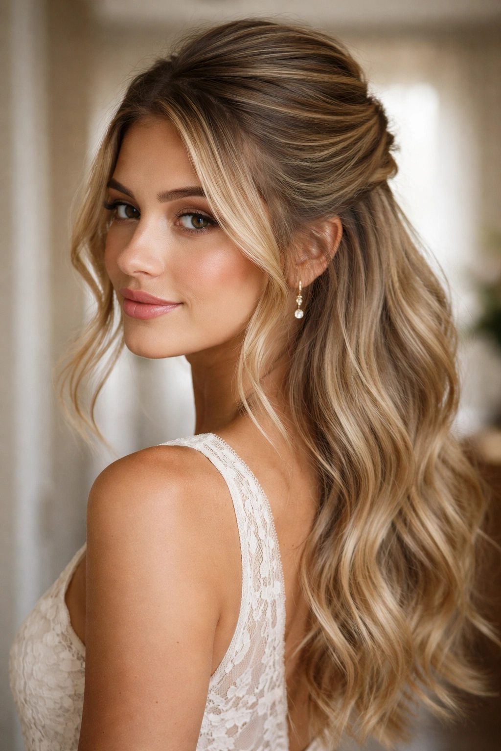 Textured half up with layers featuring face-framing layers and gathered top
