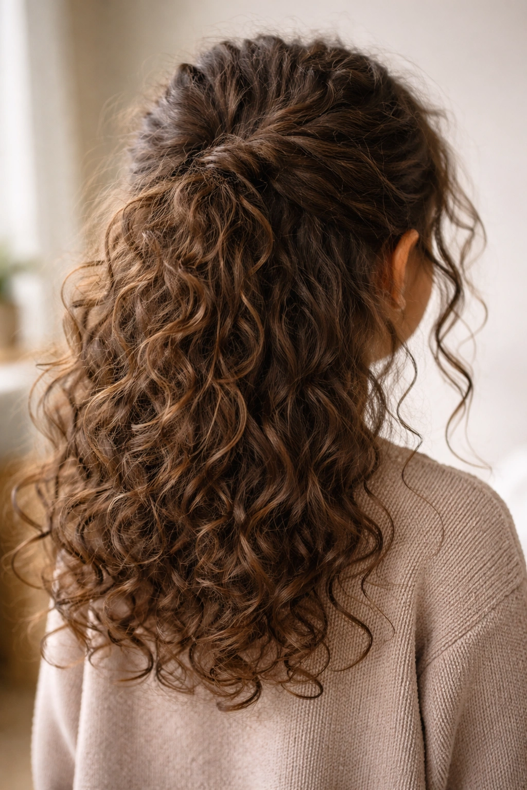 Back view of textured half-up hairstyle with loose pieces around the face