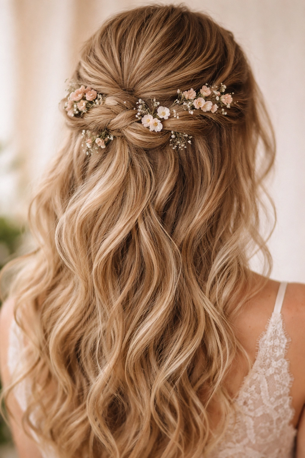 Textured half-up hairstyle with tiny micro flowers woven through the gathered hair.